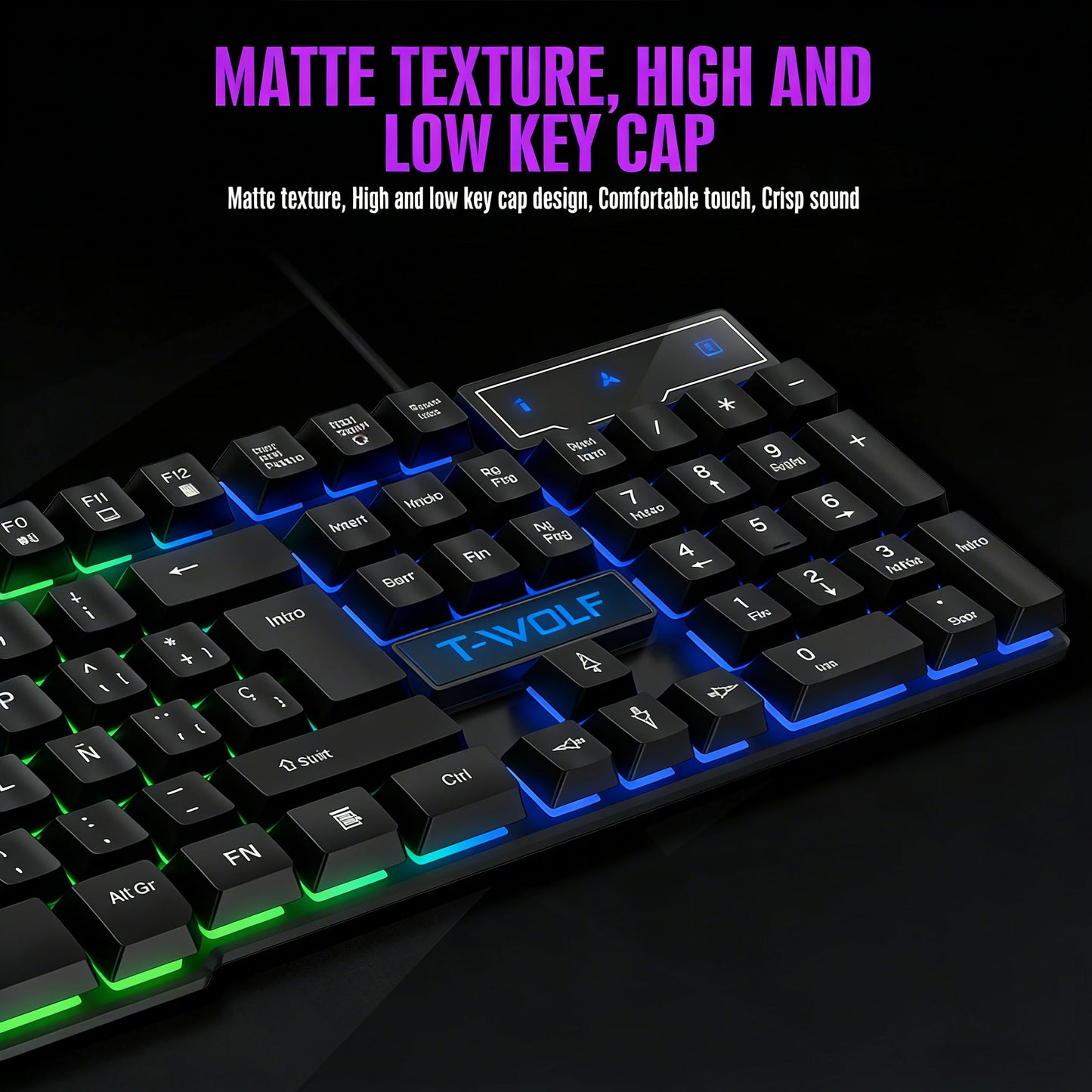 Teclado gaming con sensación mecánica, retroiluminación RGB, teclado con cable USB para oficina y hogar, teclas multimedia, ruso, español, árabe e inglés