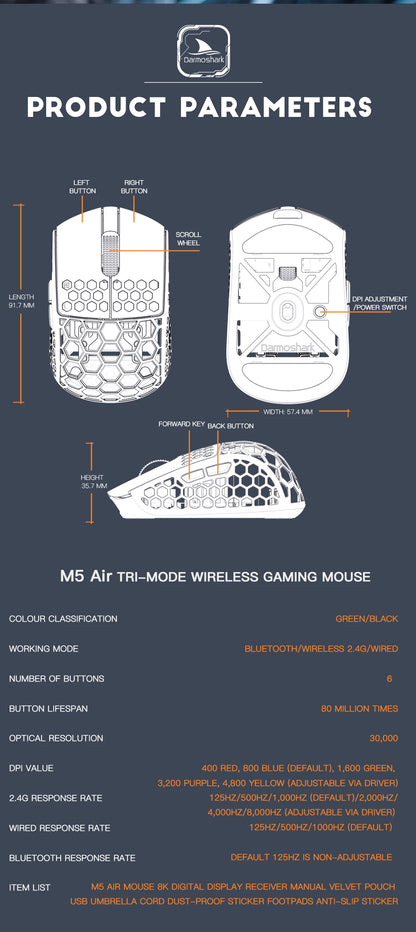 Darmoshark M5 Air Wireless Gaming Mouse Forged Carbon Fiber 30K DPI PAW3395 Sensor Lightweight Ergonomic Mouse for PC Gaming