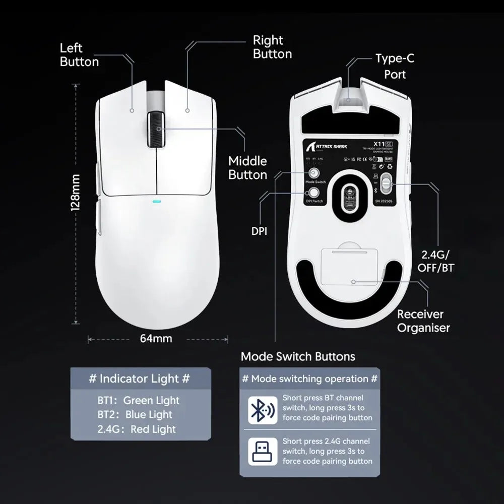 ATTACK SHARK X11SE Ultra-Light Wireless Gaming Mouse, 22,000 DPI PAW3311 Sensor, Tri-Mode Bluetooth/2.4GHz/Wired Gaming Mouse, 65-Hour Battery