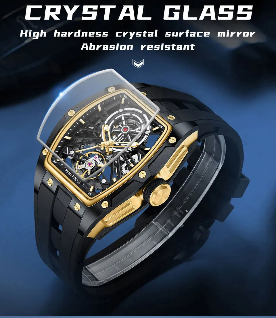 MINI FOCUS Men's Wristwatch Fashion Black Waterproof Automatic Mechanical Watch with Luminous Hands Silicone Strap Tonneau Dial