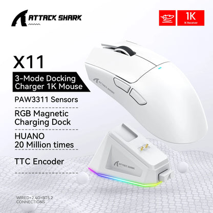 ATTACK SHARK X11 Wireless Gaming Mouse, 22K DPI PAW3311 Tri-Mode Gaming Mouse, Bluetooth 2.4G Wired RGB Lightweight Gaming Mouse