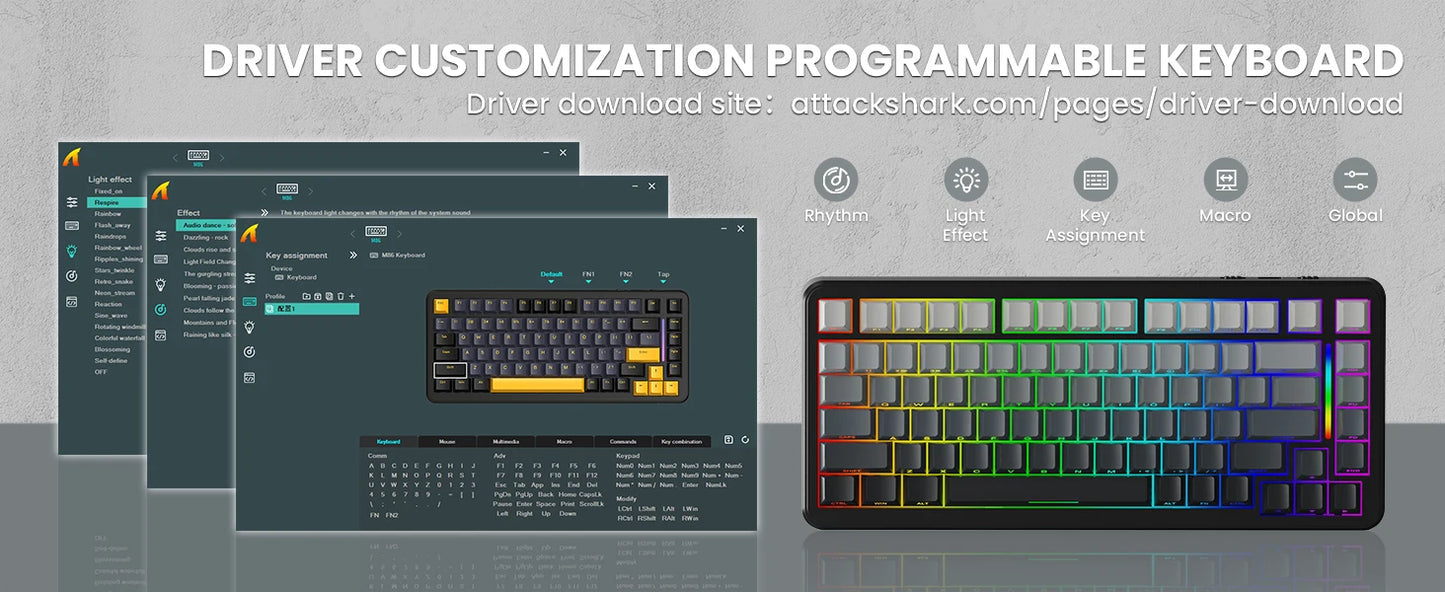 ATTACK SHARK M86 Wireless Mechanical Gaming Keyboard, 75% Gasket Hot Swappable RGB Mechanical Keyboard with Side-Printed PBT Keycaps, Tri-Mode Custom Gaming Keyboard