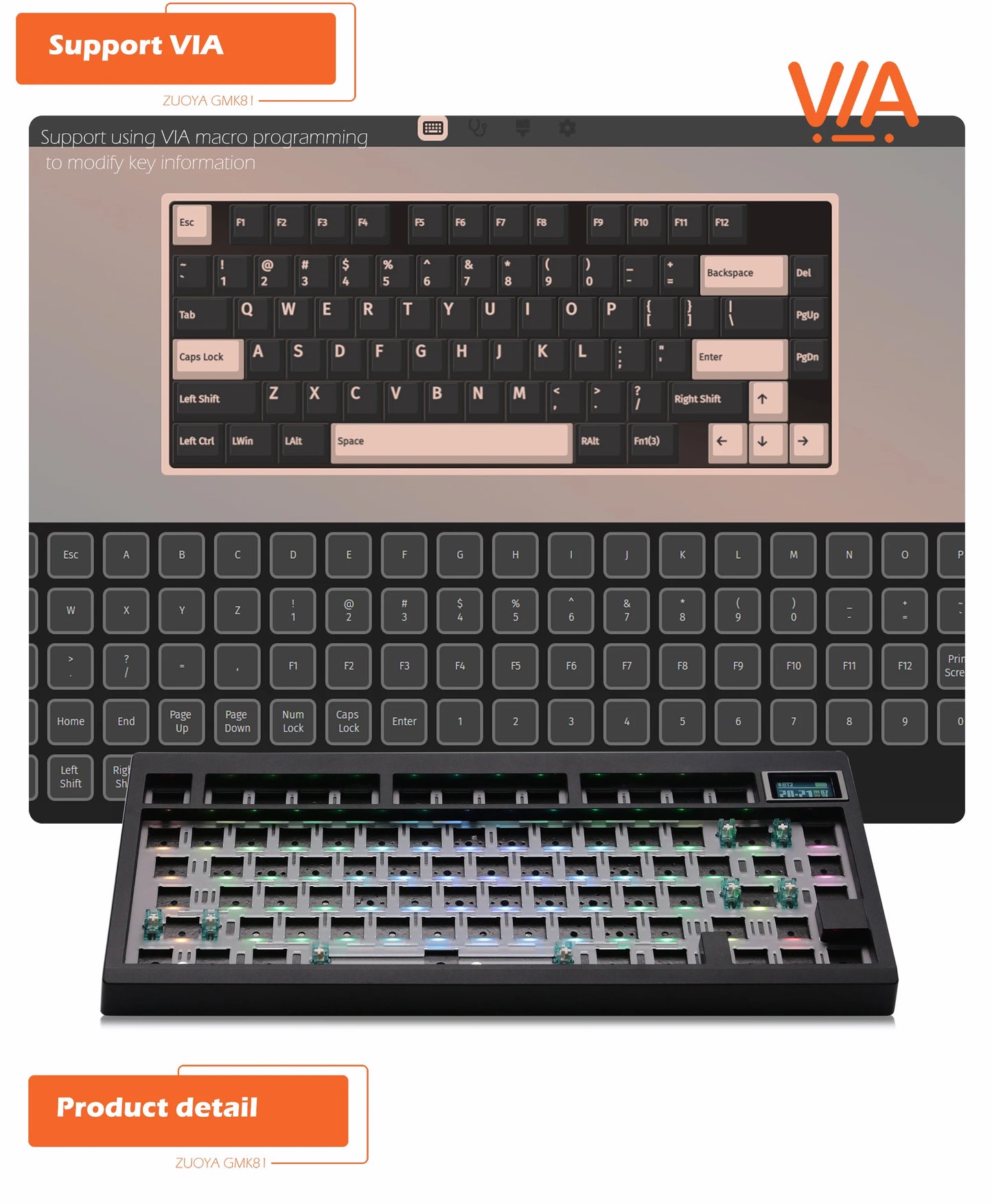 Kit tastiera meccanica ZUOYA GMK81 hot-swappable Bluetooth 2.4G wireless con retroilluminazione RGB, struttura gasket, supporto per