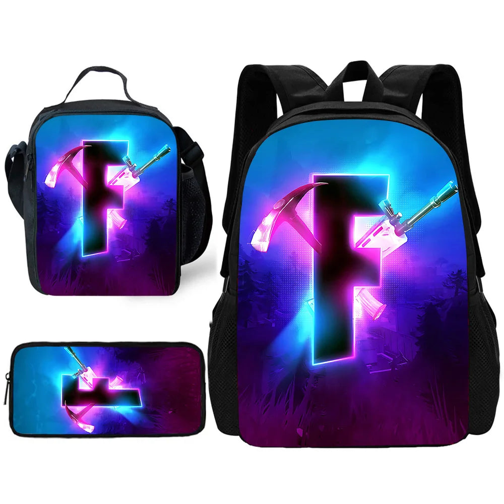 Mochila Escolar Infantil com Lancheira e Estojo, Design de Jogo Popular F-FortniteS, Mochila Escolar para Rapazes e Raparigas, Presente Ideal