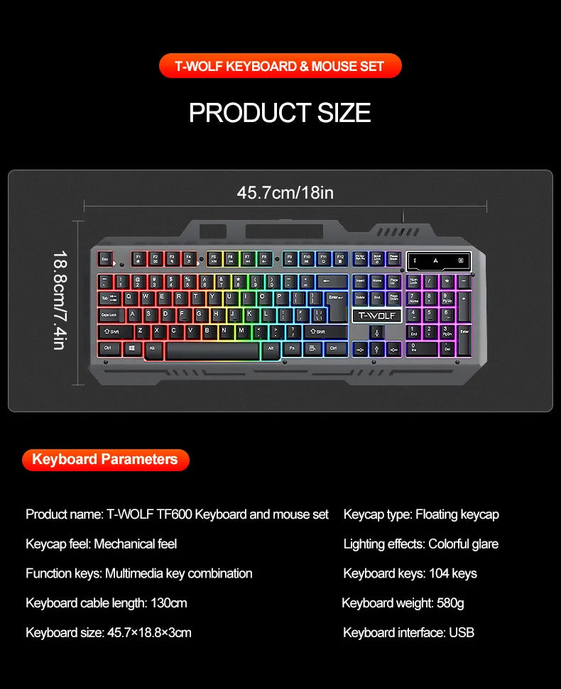104 Keys Gaming Keyboard and Mouse Combo with RGB Backlit, All-Metal Panel Waterproof Light Up, USB Wired Computer Keyboards Gaming