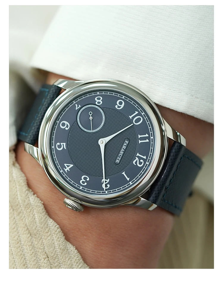 FARASUTE NEW Machinery Herrenuhr mit lachsfarbenem Zifferblatt, ST17 Handaufzug-Mechanikuhr, Kleine Sekunde, Vintage-Bonklip-Armband