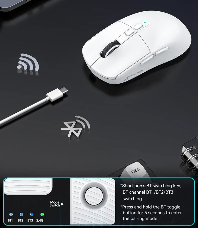 Attack Shark X6 Wireless Ergonomic Gaming Mouse, Tri-Mode Bluetooth, 2.4G & Wired Gaming Mouse, 26000 DPI Rechargeable RGB Gaming Mouse