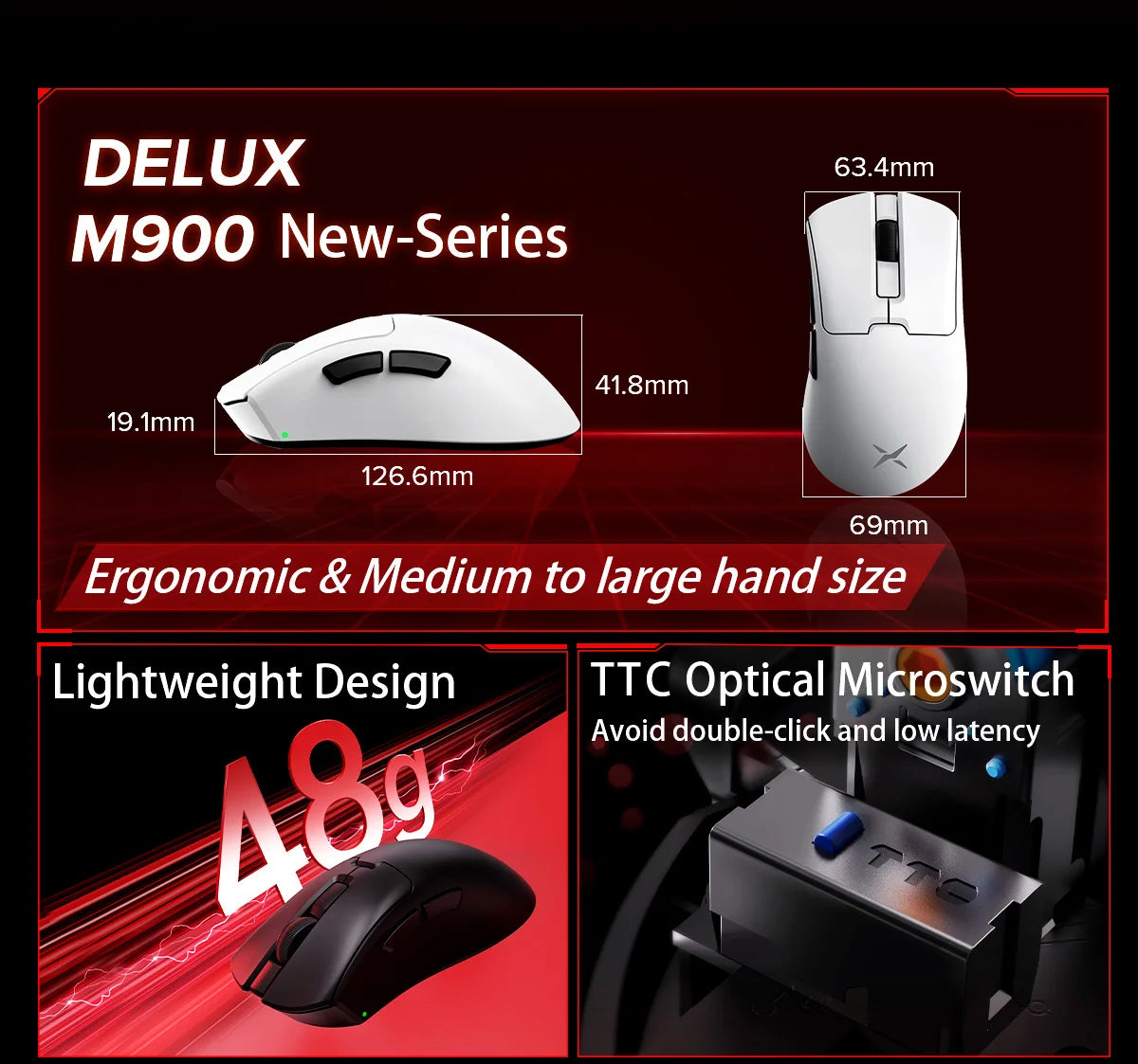 Delux M900PRO Ultra-Light Wireless Gaming Mouse, PAW3395 26K DPI, 1K/8K Polling Rate, Ergonomic Gaming Mouse for Large Hands, 50g PC Gaming Mouse