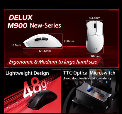 Delux M900PRO Ultra-Light Wireless Gaming Mouse, PAW3395 26K DPI, 1K/8K Polling Rate, Ergonomic Gaming Mouse for Large Hands, 50g PC Gaming Mouse