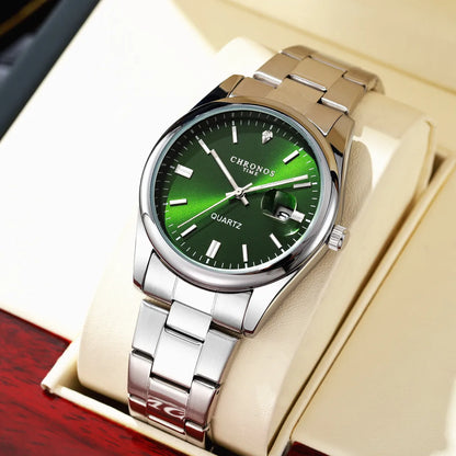Męski zegarek na rękę CHRONOS – luksusowa marka, wodoodporny, podświetlany, z datownikiem, ze stali nierdzewnej, z mechanizmem kwarcowym.