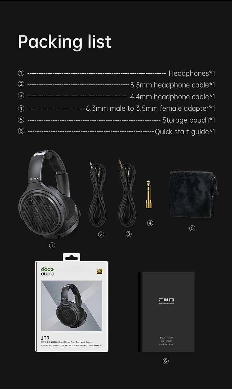 FiiO JT7 Planar Magnetic Over-Ear Audiophile Headphones – 95x86mm Driver, 4.4mm & 3.5mm Wired HiFi Headset