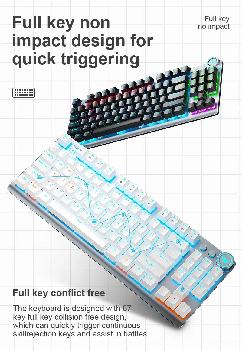 AULA F3001 Mechanical Keyboard Bluetooth Wireless Three Mode Metal Panel Two-color Injection Molding Cool Backlight Effect 87Key