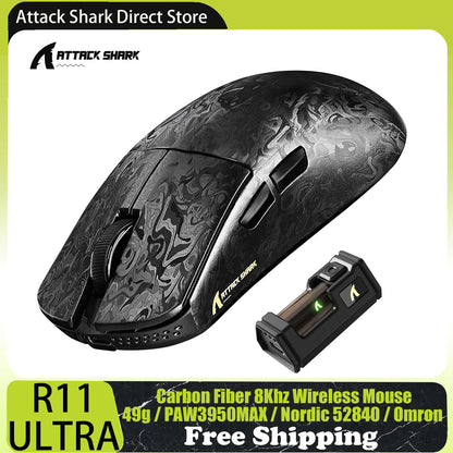 Mouse de gaming wireless ATTACK SHARK R11 ULTRA din fibră de carbon, 8000Hz, PAW3950MAX, 42000DPI, greutate redusă 49g, 20000FPS, Nordic 52840