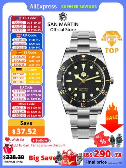 San Martin New 37mm BB54 Vintage Diver Watch ST2130 Automatic Mechanical Men Wristwatch Sapphire Luminous Waterproof 200m SN0138