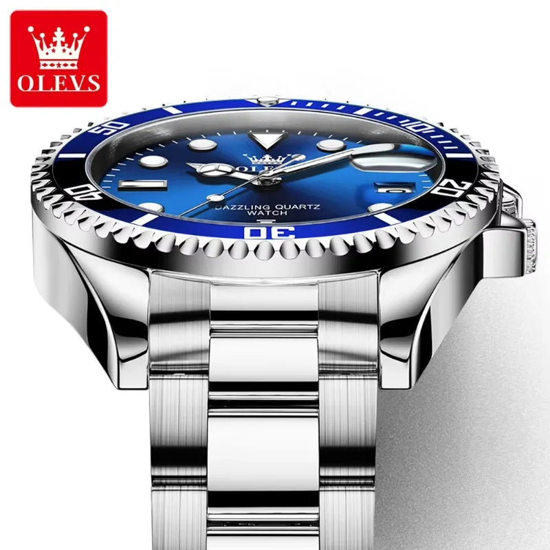 Montre pour homme OLEVS 5885 – Modèle authentique, bracelet en acier, calendrier, mouvement à quartz, livrée dans un coffret cadeau de luxe