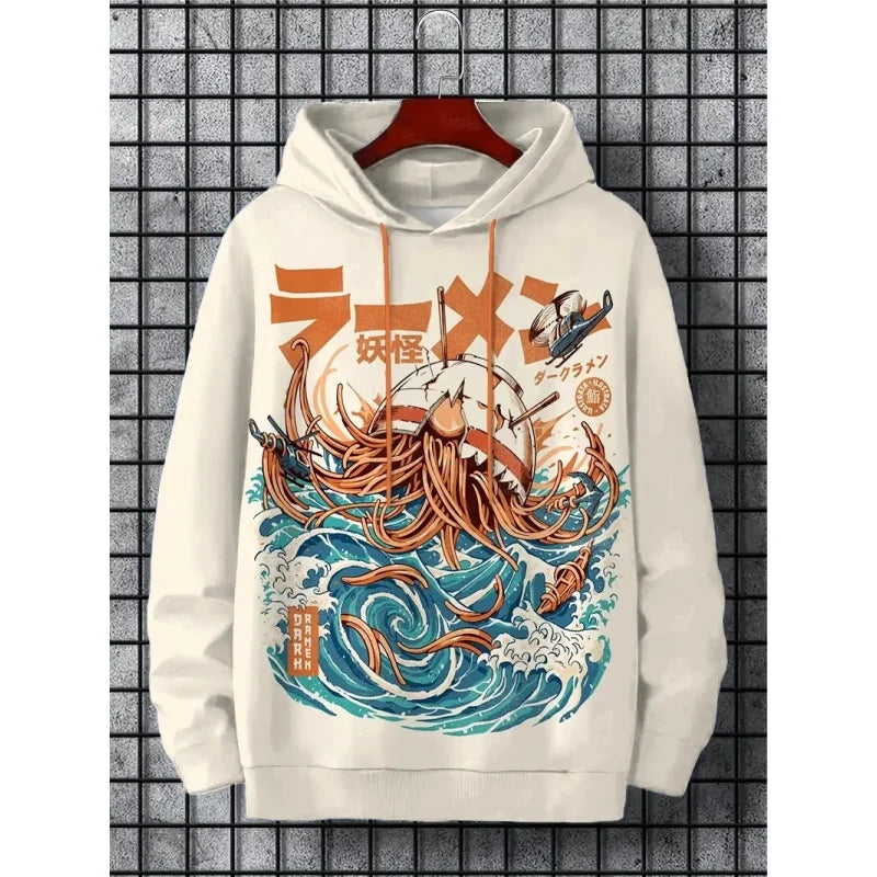 3D Printed Waves Noodles Hoodie For Men Cool Wolf Pattern Long Sleeve Tops Casual Sweatshirt Harajuku Pullover Loose Hoodies