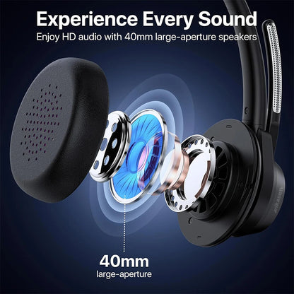 Bluetooth Headset V5.4 Wireless Headphones with Mic, Noise Cancelling Bluetooth Headset for Work, Office Calls, Zoom Meetings, Laptop & Mobile