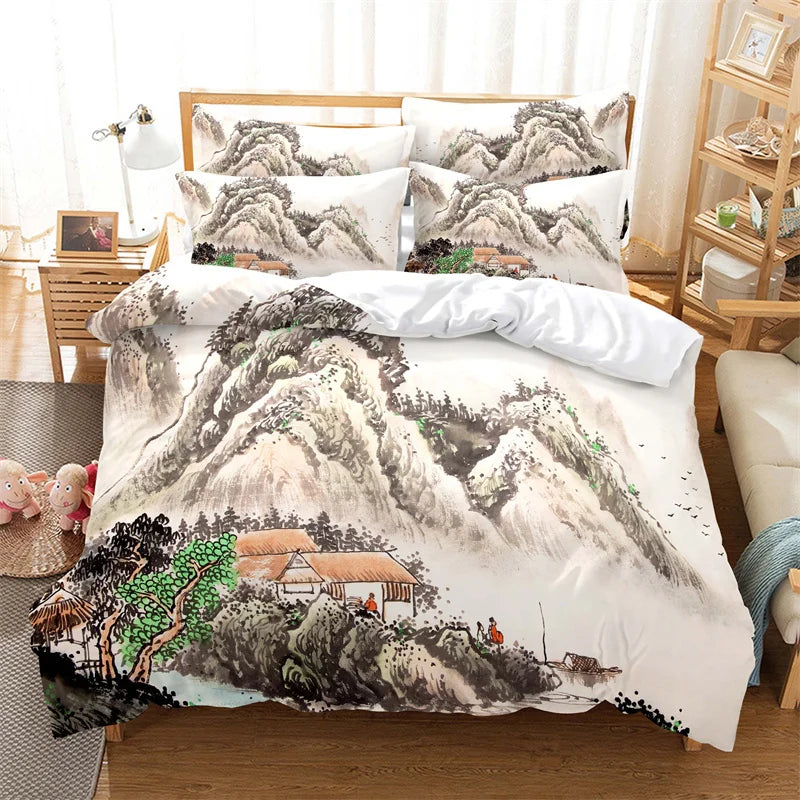 Set navlake za poplun s motivom bambusa u kineskom stilu, posteljina za mlade, platneni set navlake za poplun za krevet Queen Size, moderan set posteljine