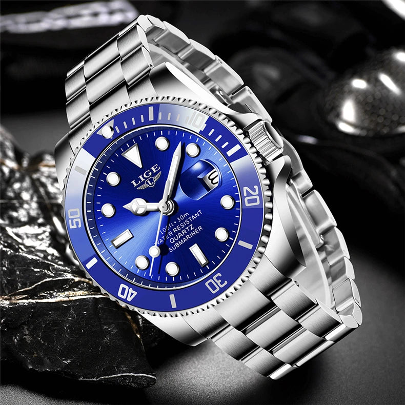 Montre de plongée de luxe pour homme, marque LIGE, étanche 3ATM, avec affichage de la date, montre à quartz sportive