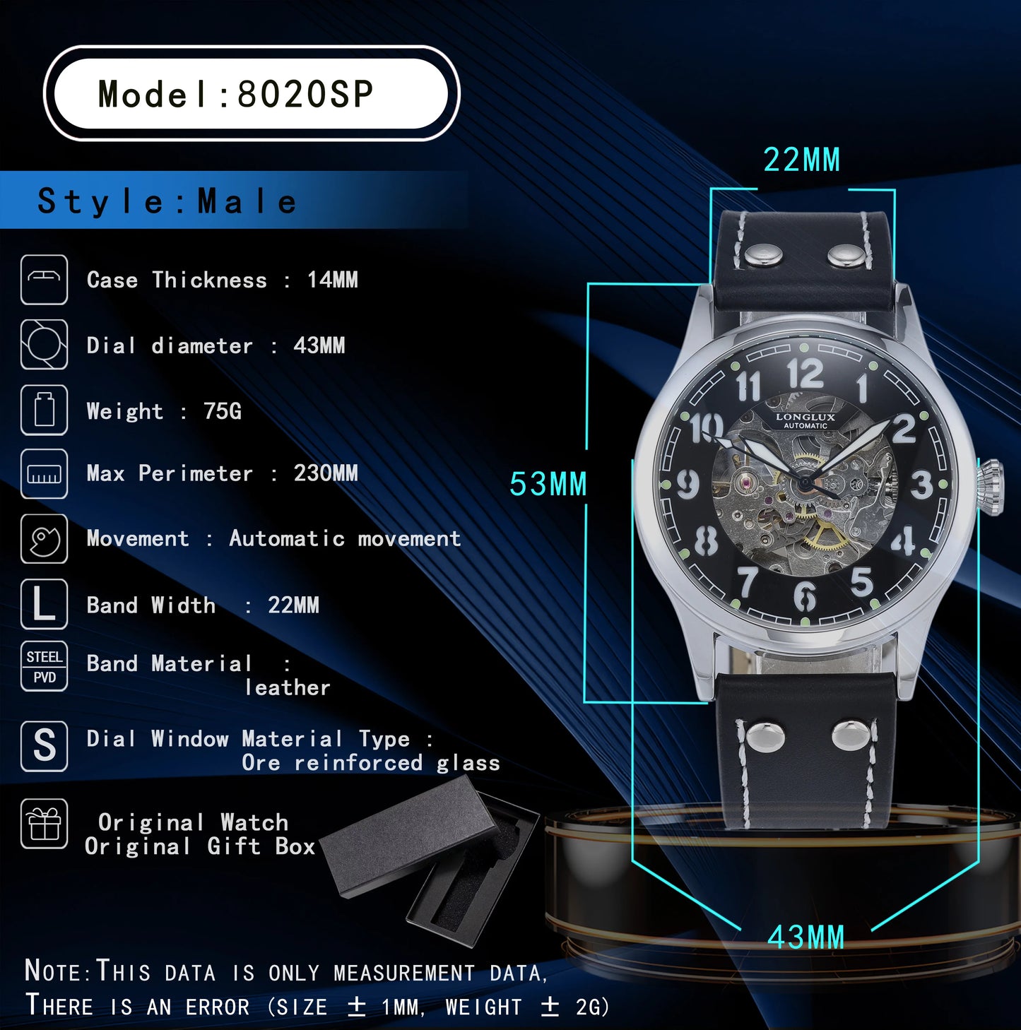 LONGLUX men automatic watch vintage pilot tough guy mechanical watches skeleton waterproof luminous leather gift