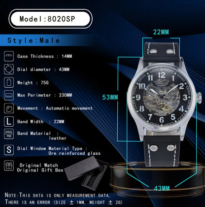 LONGLUX men automatic watch vintage pilot tough guy mechanical watches skeleton waterproof luminous leather gift