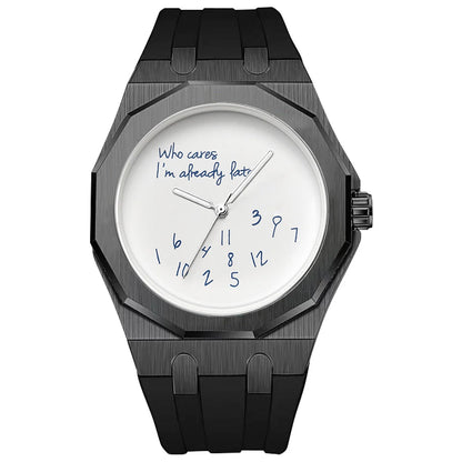 Luksusowy zegarek męski z ośmiokątną kopertą i silikonowym paskiem, wodoodporny, wyposażony w tarczę z humorystycznym hasłem „Who Cares I'm Already Late” (No i co z tego, i tak już się spóźniłem).