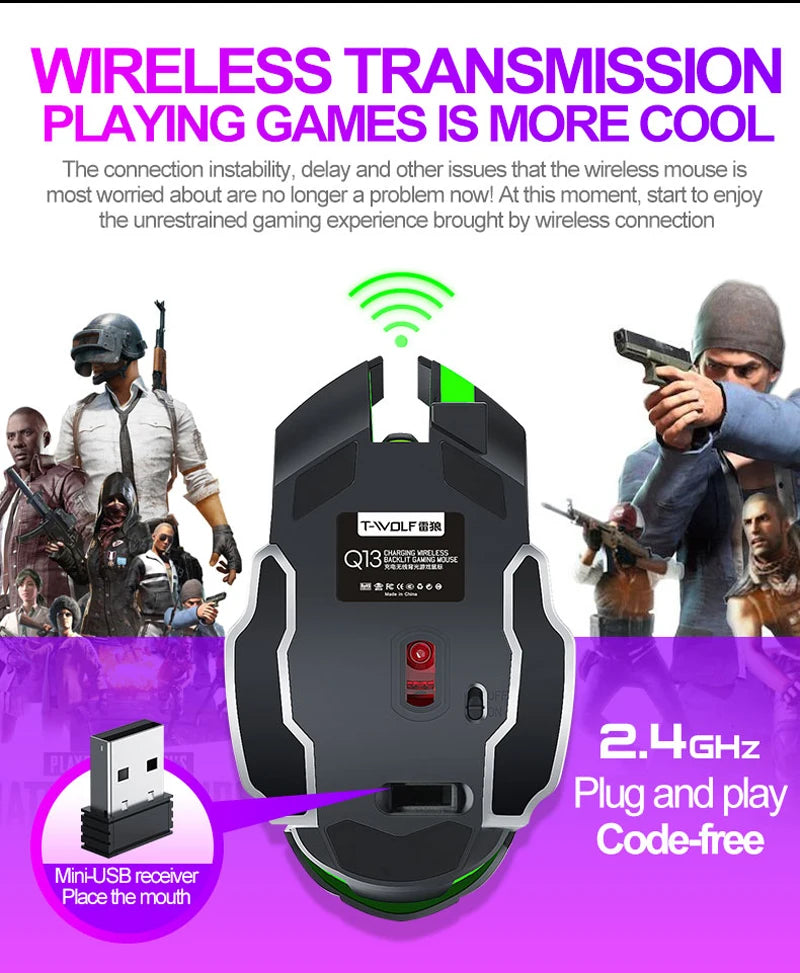 Rechargeable Wireless Gaming Mouse with RGB Backlit, Silent Click, Ergonomic Optical Wireless Mouse for PC, Laptop & Desktop, 2400 DPI
