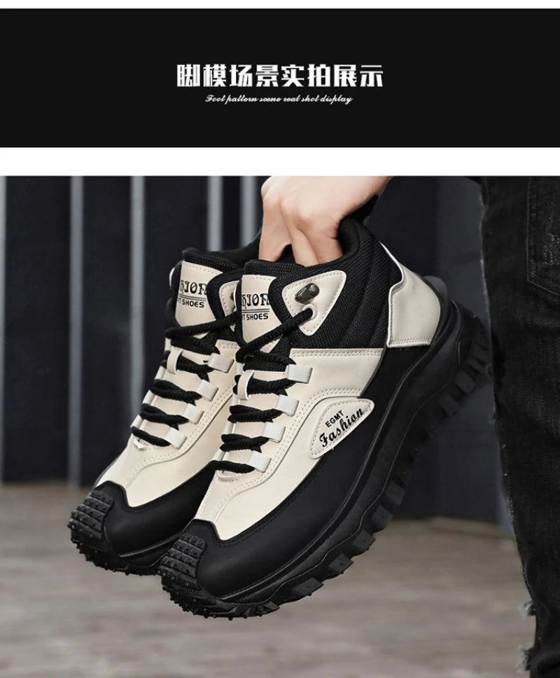 Botas de senderismo de caña media para hombre, en blanco y negro, de cuero impermeable, con plataforma, zapatillas antideslizantes para exterior, calzado informal con suela resistente