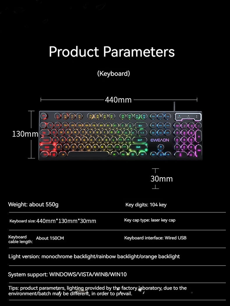 EWEADN GX330 Typewriter Gaming Keyboard 104 Keys Wired Retro Keyboard with RGB Backlit, Round Keycaps, USB Mechanical Style Keyboard for PC & Laptop