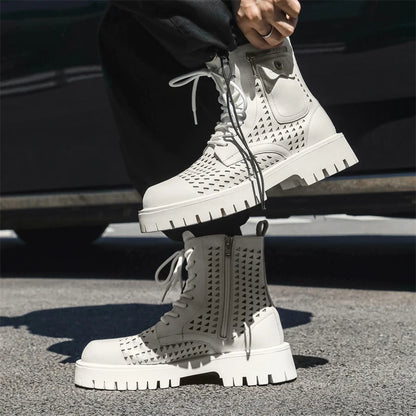 Non-Slip Men's High Top Casual Leather Shoes Street Style Motorcycle Boots New Stylish Ankle Boots Thick Bottom Walking Footwear