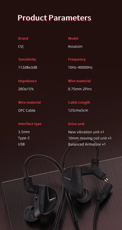CVJ Assassin Hybrid Gaming Earphones 1DD+1BA Vibration Driver Wired HiFi Headphones with Mic, Type-C & 3.5mm In-Ear Gaming Earphones for E-Sports
