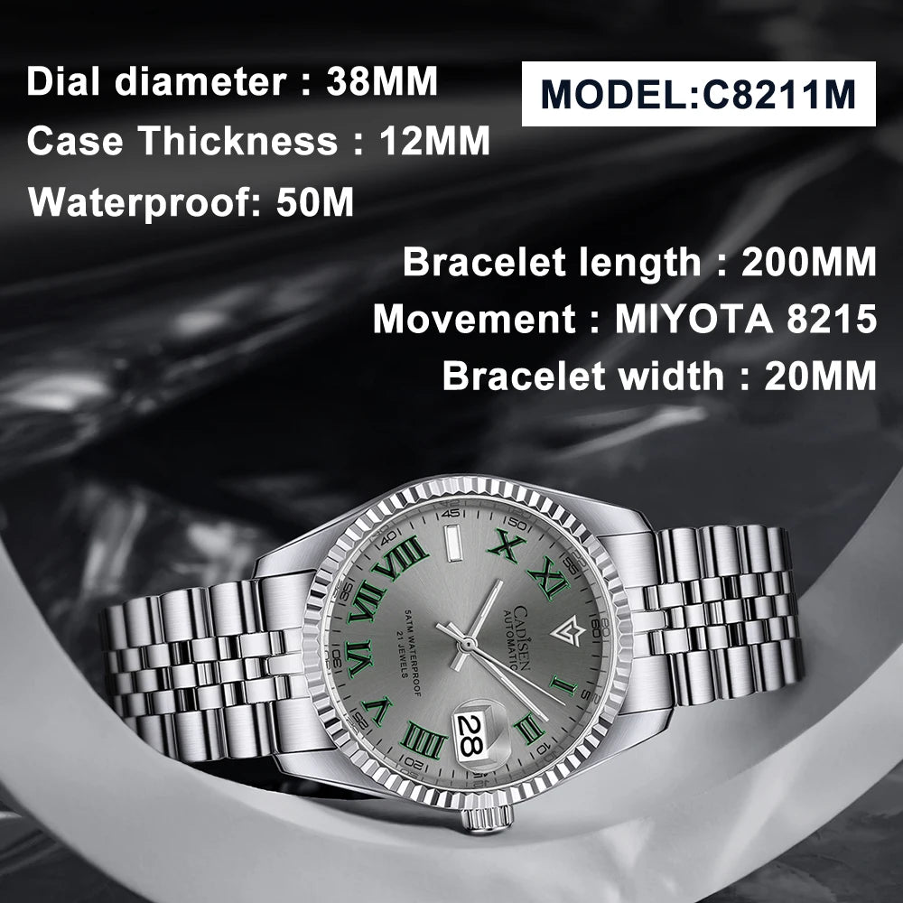 CADISEN 38MM Men's Automatic Mechanical Watch Luxury AR Sapphire Glass Water Resistant Stainless Steel MIYOTA 8215 Reloj Hombre
