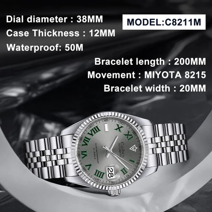 CADISEN 38MM Men's Automatic Mechanical Watch Luxury AR Sapphire Glass Water Resistant Stainless Steel MIYOTA 8215 Reloj Hombre