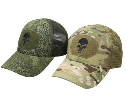 Camouflage-baseballkasket i netstof, åndbar, specialstyrke-taktisk camouflagehat med dødningehoved og and-skærm