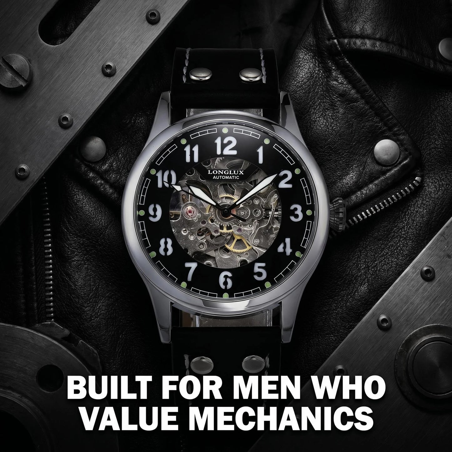 LONGLUX men automatic watch vintage pilot tough guy mechanical watches skeleton waterproof luminous leather gift