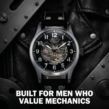 LONGLUX men automatic watch vintage pilot tough guy mechanical watches skeleton waterproof luminous leather gift