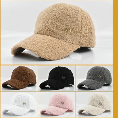 Winter Solid Color M-Label Lamb Wool Baseball Cap for Women, Outdoor Warm Casual Fashion Versatile Plush Duckbill Cap