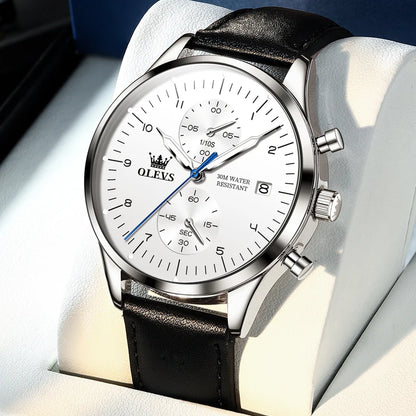 Zegarek męski OLEVS 2880 – elegancki i minimalistyczny chronograf, skórzany pasek, automatyczne wyświetlanie daty, wodoodporny, luminescencyjne wskazówki, mechanizm kwarcowy.