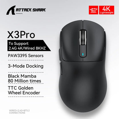 Bezdrôtová herná myš X3 ATTACK SHARK, červená farba, 4K odozva, Bluetooth trojrežimové pripojenie, PAW3395, makro Bluetooth herná myš