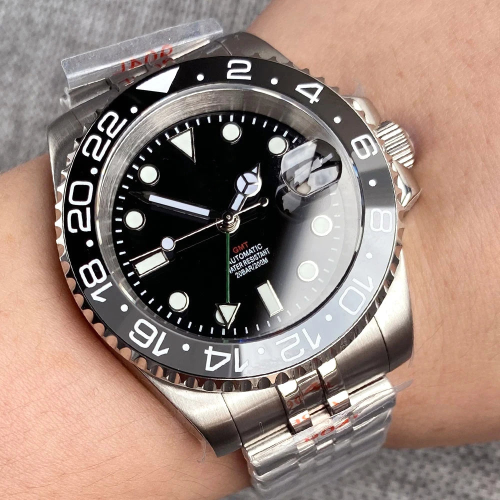 NH34A 200M Waterproof 40mm NH34 GMT Sapphire Luminous Automatic Movement Diving Watch Men Steel Bracelet Black Grey Insert