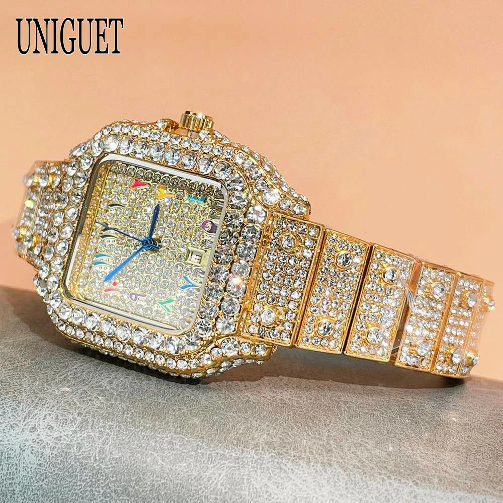 UNIGUET New Women Full Diamond Iced out Watch Fashion Square Rainbow Dial Hip Hop Bling Luxury Quartz Ladies Wristwatch Hot Sale