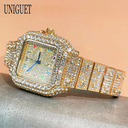 UNIGUET New Women Full Diamond Iced out Watch Fashion Square Rainbow Dial Hip Hop Bling Luxury Quartz Ladies Wristwatch Hot Sale