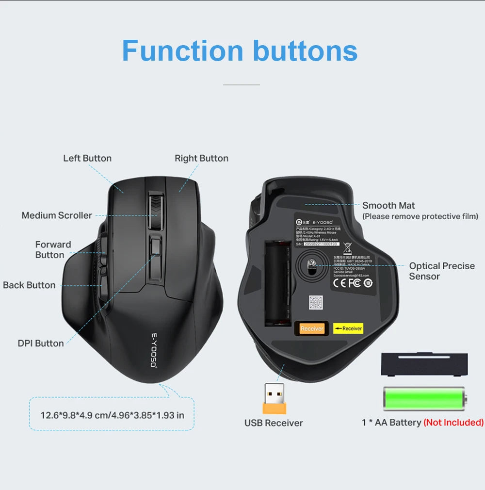 E-YOOSO X-31 Wireless Gaming Mouse for Big Hands, USB 2.4G Ergonomic Gaming Mouse, 4800 DPI Optical Mouse with 5 Buttons for PC & Laptop