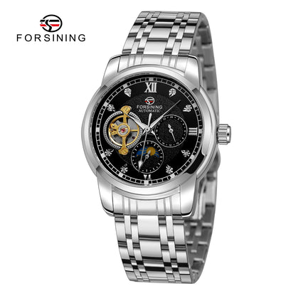 Reloj mecánico automático para hombre Forsining: estilo de lujo, ejecutivo y moderno; brazalete de metal; tourbillon; agujas luminiscentes; adornado con diamantes sintéticos