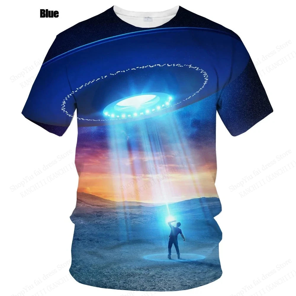 Summer UFO Alien 3d Print T-shirt Men Fashion Casual O-Neck Short Sleeve Tshirt Funny Mysterious Spaceship Tops Tees Men Clothes
