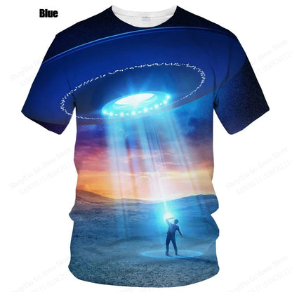 Summer UFO Alien 3d Print T-shirt Men Fashion Casual O-Neck Short Sleeve Tshirt Funny Mysterious Spaceship Tops Tees Men Clothes