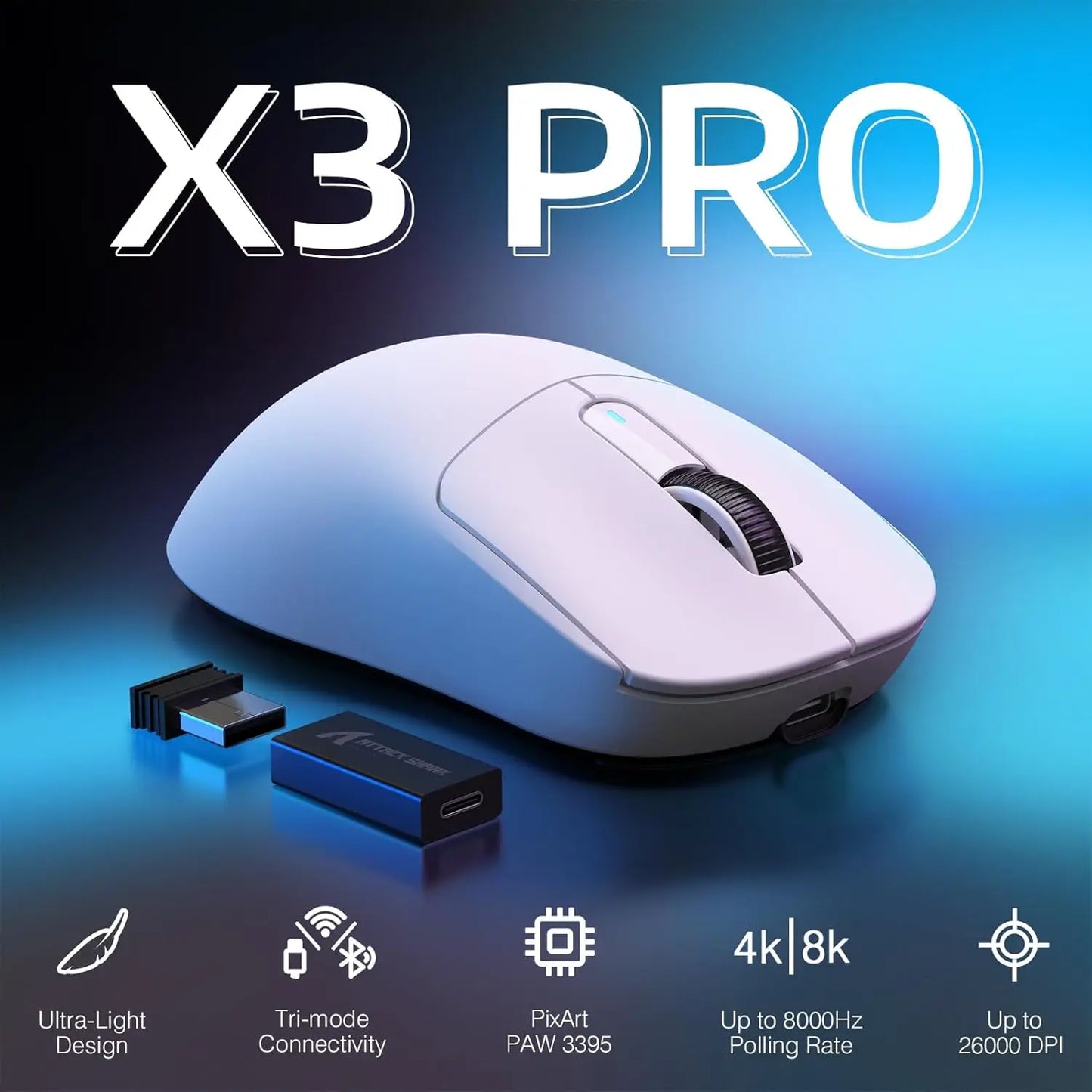 Attack Shark X3Pro bezdrôtová Bluetooth herná myš PixArt PAW3395 26000dpi optická myš s trojrežimovým pripojením a makrami