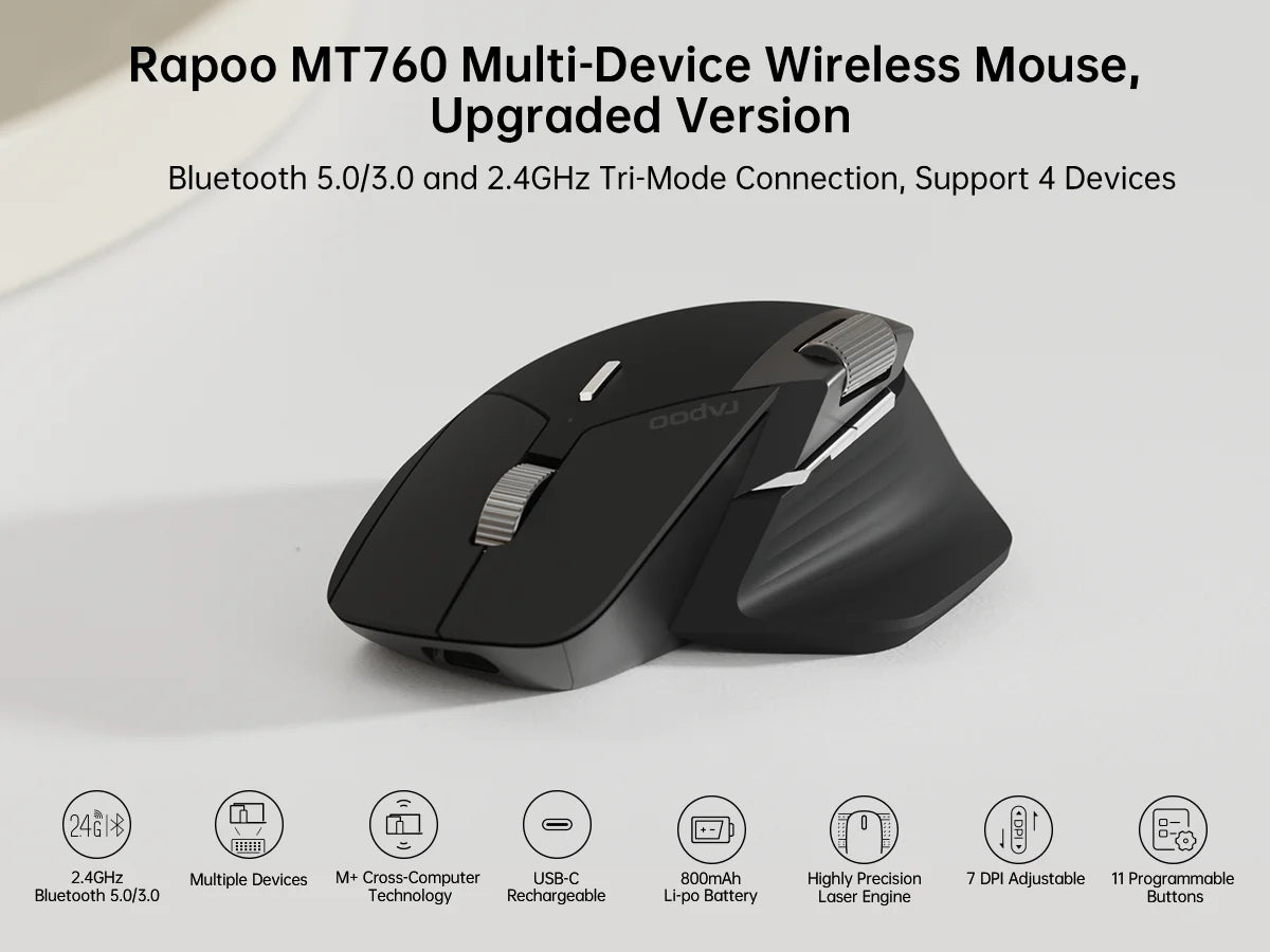 Rapoo MT760 Multi-Mode Rechargeable Wireless Mouse, Ergonomic Bluetooth Mouse with 4000 DPI, Easy-Switch for Up to 4 Devices, USB-C Rechargeable