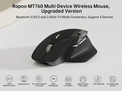 Rapoo MT760 Multi-Mode Rechargeable Wireless Mouse, Ergonomic Bluetooth Mouse with 4000 DPI, Easy-Switch for Up to 4 Devices, USB-C Rechargeable