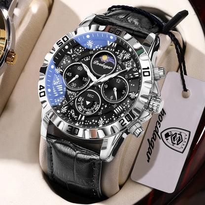 Luksusowy zegarek na rękę POEDAGAR dla mężczyzn – sportowy chronograf, wodoodporny i podświetlany, z skórzanym paskiem, mechanizm kwarcowy